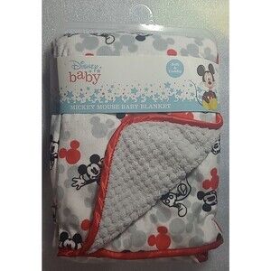 NEW Disney Baby Mickey Mouse Plush Baby Blanket Toddler Two SidedRed/Gray/White